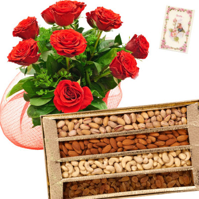 Rose with Dry Fruits - Bunch of 25 Red Roses, Assorted Dryfruits in Box 500 gms
