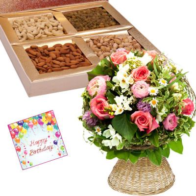 Seasonal Hamper - Basket of 25 Mix Seasonal Flowers, Assorted Dryfruits in Box 400 gms