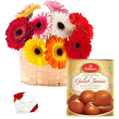 Gerbera Basket N Sweets - 20 Mix Gerberas in Basket, Gulab Jamun 500 gms