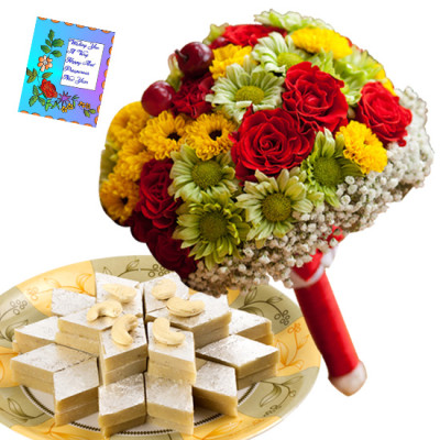 Mix Flower Katli - 12 Mix Flowers Bunch, Kaju Katli 250 gms