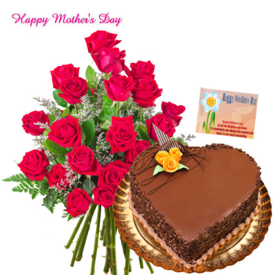 Gracious Love of Mom - Bunch of 25 Red Roses, Chocolate Heart Cake 1 kg