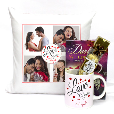 Romantic and Grand - Love You Personalized Mug, Love You Personalized Cushion, Ferrero Rocher 4 Pcs & Valentine Greeting Card