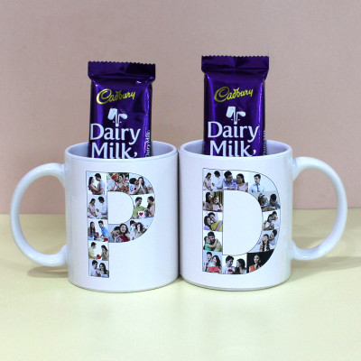 Photo Couples Mug with Dairy Milk - Personalized Couples Alphabet Letters Photo Collage Mugs, 2 Dairy Milk