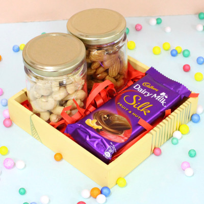 Appetizingly Rich - Almond in Jar, Cashew in Jar, Dairy Milk Silk, Wooden Tray