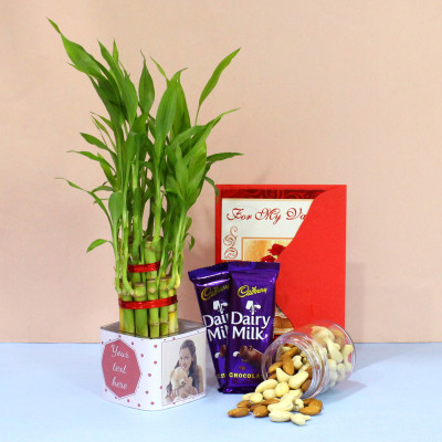 Memorable Delight - Personalized Two Layer Lucky Bamboo Plant in Glass Vase, Almond & Cashew in Jar, 2 Dairy Milk