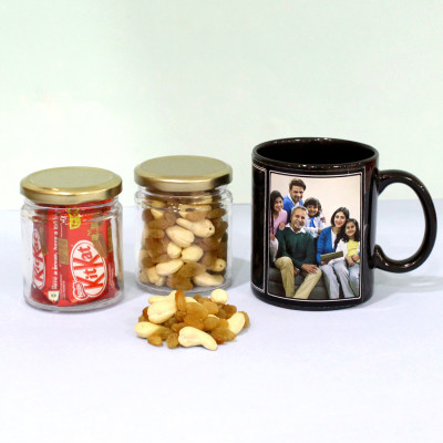Luscious Mellow - Cashew & Raisin in Jar, 5 Kit Kat in Jar, Personalized Black Photo Mug