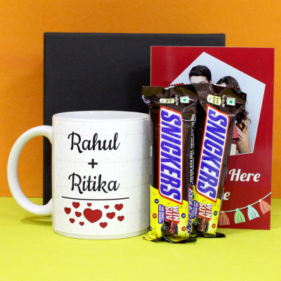 Snickers Delight - 2 Snickers, Custom Couples Name Personalized White Mug, Personalized Card and Premium Box (B)