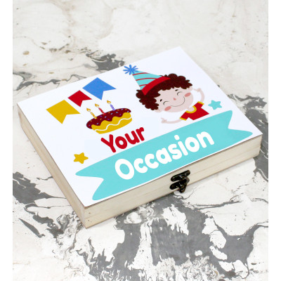 Fascinating Surprise - Hershey's Chocolate Bar, Ferreo Rocher 4 Pcs, Dairy Milk Silk, Fruit n Nut, Crackle, Fuse, Crispello, Dairy Milk, Snickers, Nutties, Kit Kat, Five Star, Perk, Munch, Gems, 3 Personalized Props, Personalized Wooden Box