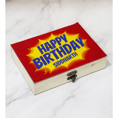 Fitful for Happiness - Almond in Glass Tube, Gems in Glass Tube, Hershey's Kisses Cookies & Cream, Fuse, 2 Dairy Milk, 2 Kit Kat, Five Star, 3 Personalized Props, Personalized Wooden Box