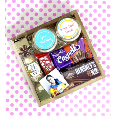 Blissful Combination - Almond in Jar, Cashew in Jar, Hershey's Milk Shake Cookie N Cream Flavour, Ferreo Rocher 4 Pcs, Dairy Milk Crispello, Kit Kat, 3 Personalized Props, Wooden Tray