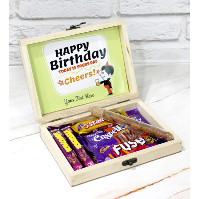 Box of Deliciousness - Almond in Glass Tube, Dairy Milk Crispello, Dairy Milk Fuse, 2 Dairy Milk, 2 Munch, Five Star, Personalized Wooden Box