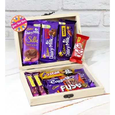 Wishful Box - Dairy Milk Silk, Dairy Milk Fruit n Nut, Dairy Milk Crackle, Dairy Milk Crispello, Dairy Milk Fuse, Dairy Milk, Five Star, Kit Kat, 2 Munch, Personalized Prop, Personalized Wooden Box