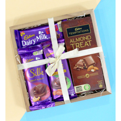 Tray of Cadbury - Cadbary Temptations, Dairy Milk Silk Fruit and Nuts, Dairy Milk Silk, Dairy Milk Fruit n Nut, Wooden Tray