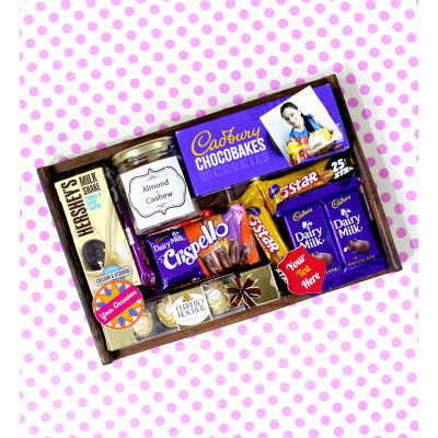 Attraction of Joy - Almond & Cashew in Jar, Ferrero Rocher 4 pcs, Hershey's Milk Shake Cookie N Cream, Cadbury Chocobakes Cookies, Crispelo, 2 Dairy Milk, 2 Five Star, Perk, 3 Personalized Props, Wooden Tray