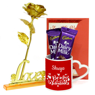 Graceful and Delicate - Golden Rose with Love Stand, Be My Valentine Personalized Heart Handle Mug, 2 Dairy Milk & Valentine Greeting Card