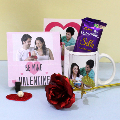 Cute Love Gift - Be Mine Valentine Personalized Photo Tile, Personalized White Mug, Red Golden Rose, Dairy Milk Silk and Personalized Card