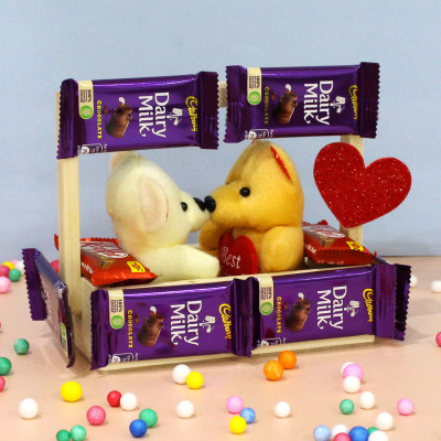 Love Choco Teddy - 8 Dairy Milk, 2 Kit Kat, 2 Small Teddy, Decorative Wooden Tray