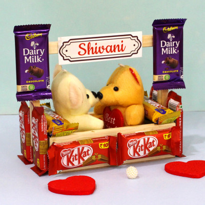Chocolaty Love Tray - 8 Kit Kat, 2 Dairy Milk, 2 Five Star, 2 Small Teddy, Decorative Wooden Tray