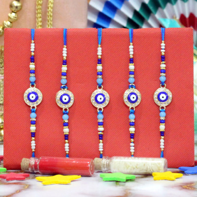 Set of 5 Rakhis - Celestial Aura Evil Eye Rakhi with Crystal Charm & Luxe Beadwor