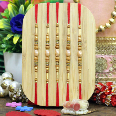 Set of 5 Rakhis - Rustic Elegance Pearl Rakhi with Sandalwood Beads