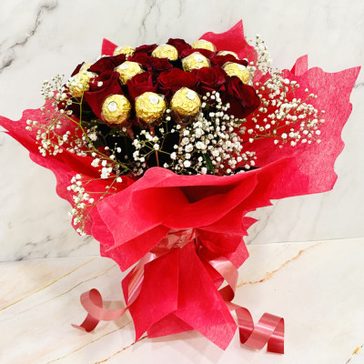 Classic Surprise Gifts - 10 Red Roses, Ferrero Rocher 8 pcs Bouquet