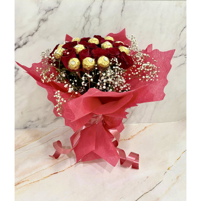 Classic Surprise Gifts - 10 Red Roses, Ferrero Rocher 8 pcs Bouquet