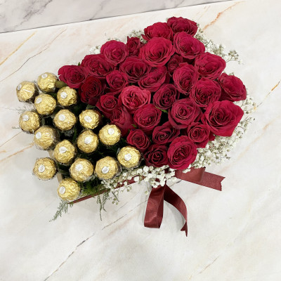 Delightful Roses with Rocher - 24 Red Roses, Ferrero Rocher 16 pcs Wooden Basket