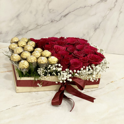 Delightful Roses with Rocher - 24 Red Roses, Ferrero Rocher 16 pcs Wooden Basket