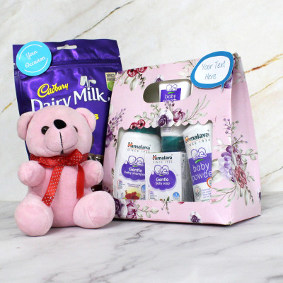 Joyful Delight Hamper - Teddy 6 inch, Dairy Milk Mini Treat, Himalaya Baby Soap, Himalaya Baby Powder, Himalaya Baby Cream, Himalaya Baby Shampoo, Himalaya Wipes, 2 Personalized Props, Pink Flower Gift Box