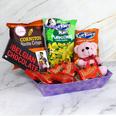 Premium Gourmet Delights - Amul Chocolate, 6 Nutties Chocolates, Cornitos, Kurkure, Puffcorn, Teddy 6 inch, 3 Personalized Props, Kraft Paper Tray