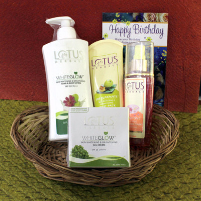 Lotus Wow Skin Combo - Lotus Body Lotion, Lotus Gel Cream, Lotus Herbals Rose Toner, Lotus Fruit Pack in Basket