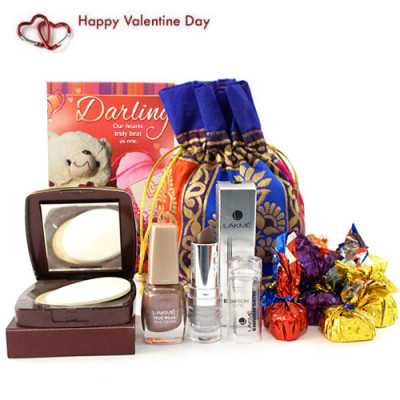 Chocolate Accomplishment - Handmade Chocolates in Designer Potli, Lakme Compact, Lakme Nail Paint, Lakme Enrich Satin Lipstick