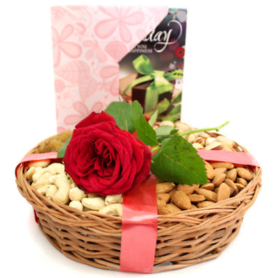 Rose Basket - Assorted Dryfruit in Basket, 1 Artificial Rose