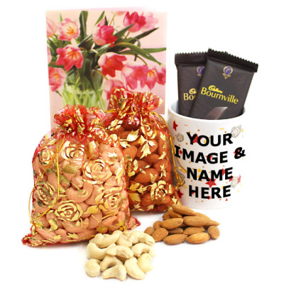 Congenial Combo - Cashewnuts in Potli, Almonds in Potli, 2 Bournville, Personalised Mug
