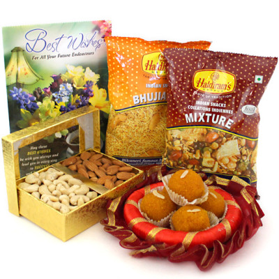 Adoring Gift - Cashew Almond in Box, Kanpuri Laddo 250 gms, 2 Haldiram Namkeen, Decorative Thali