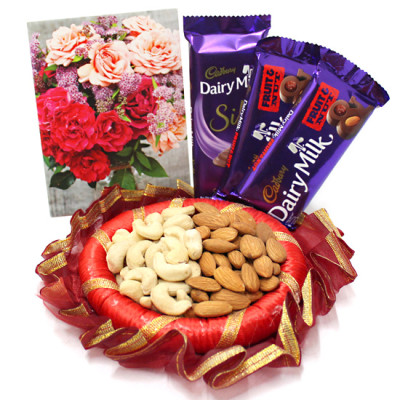 Superior Fun - Almonds and Cashewnuts in Decorative Thali, 2 Dairy Milk Fruit & Nut, Dairy Milk Silk