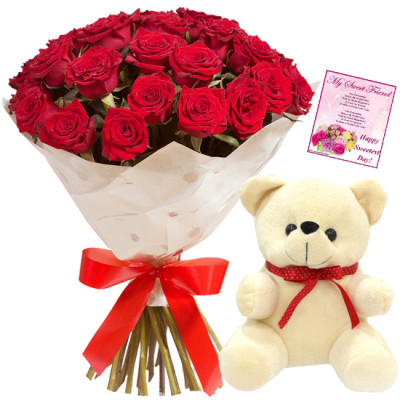 Lovely Association - 12 Red Roses + Teddy 6 inch