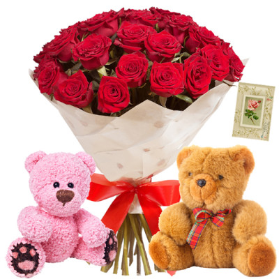 Teddy & Roses - 18 Red Roses Bouquet + 2 Teddy 6 inch