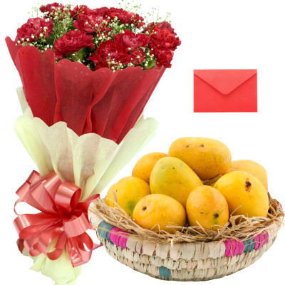 Carnations N Mango Basket - 12 Red Carnations Bunch, Fresh Mango 2 Kg in Basket