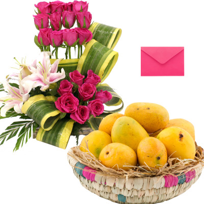 Delightful Basket - 3 Pink Lilies, 20 Pink Roses Basket, Fresh Mango 2 Kg in Basket