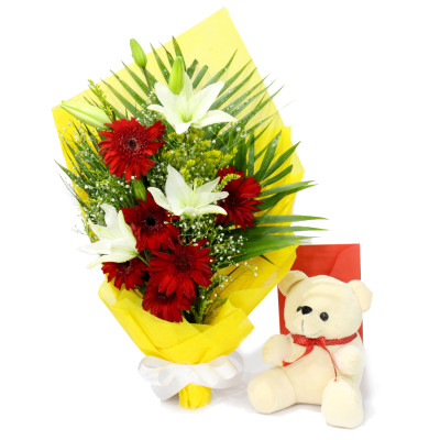 Divine Beauty - 6 Red Gerberas, 3 White Lilies in Bouquet, Teddy 6 inch