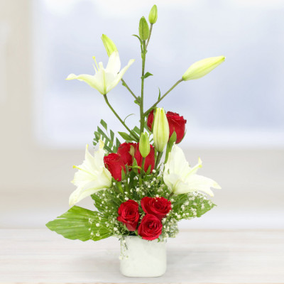 Beautiful Soulmate - 3 White Lilies, 10 Red Roses Vase