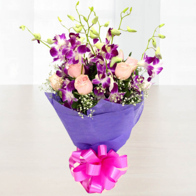 Special Bunch - 6 Purple Orchids, 6 Pink Roses in Bunch