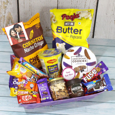Celebratory Delights - Almonds & Cashews in Jar, Cornitos, Act2 Popcorn, Nescafe Coffee, Sapphire Cookies, Cup Noodles, Nutri Choice Biscuits, Oreo, Fuse, Crispello, Five Star, Dairy Milk, Perk, Kit Kat, 3 Props, Kraft Paper Tray