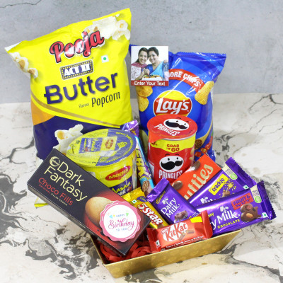 Heavenly Goodies - Pringles, Lays, Cup Noodles, Act2 Popcorn, Dark Fantasy, Nutties, Five Star, Dairy Milk, Perk, Kit Kat, Dairy Milk Fruit & Nuts, Dairy Milk Crackle, 3 Personalized Props, Kraft Paper Tray