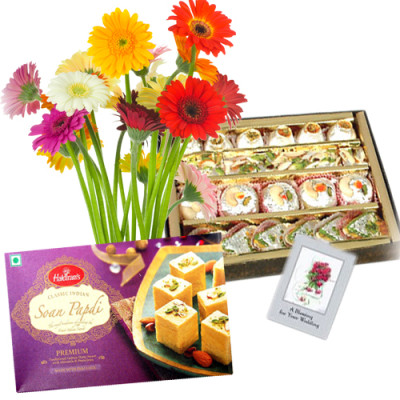 Superior Choice - Bouquet 12 Multi Color Gerberas + Assorted Sweet Box 250 Gms + Soan Papdi Box 250 Gms