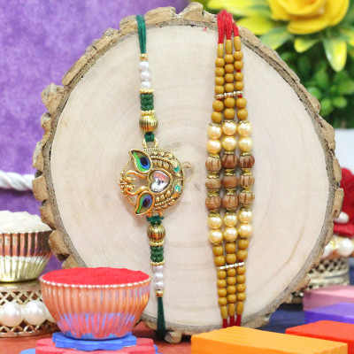 Set of 2 Rakhis - Sandalwood with Fancy Rakhis