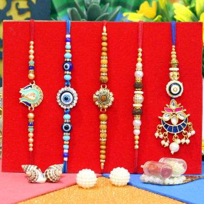 Set of 5 Rakhis - American Diamond with Sandalwood, Lumba, Pearl and Fancy Rakhis