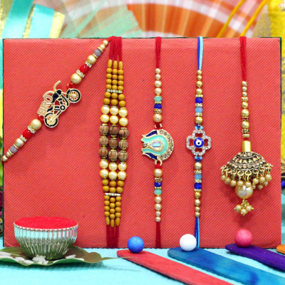 Set of 5 Rakhis - Lumba with American Diamond, Fancy, Sandalwood and Kids Rakhi
