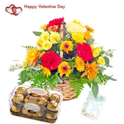 Full of Surprise - 20 Mix Carnations Basket + Ferrero Rocher 16 pcs